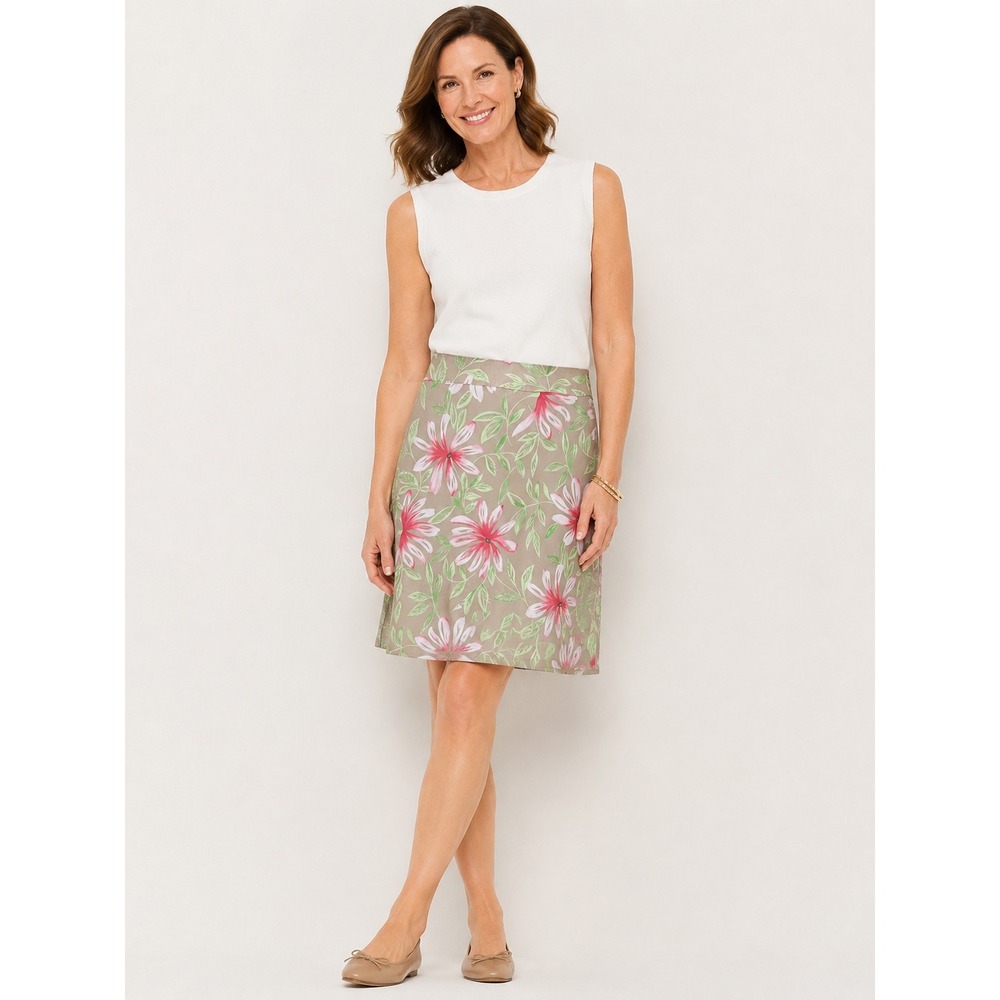 Talbots Women Floral A-Line Skirt Size 10 Pink Tan Cotton Stretch Knee Length
